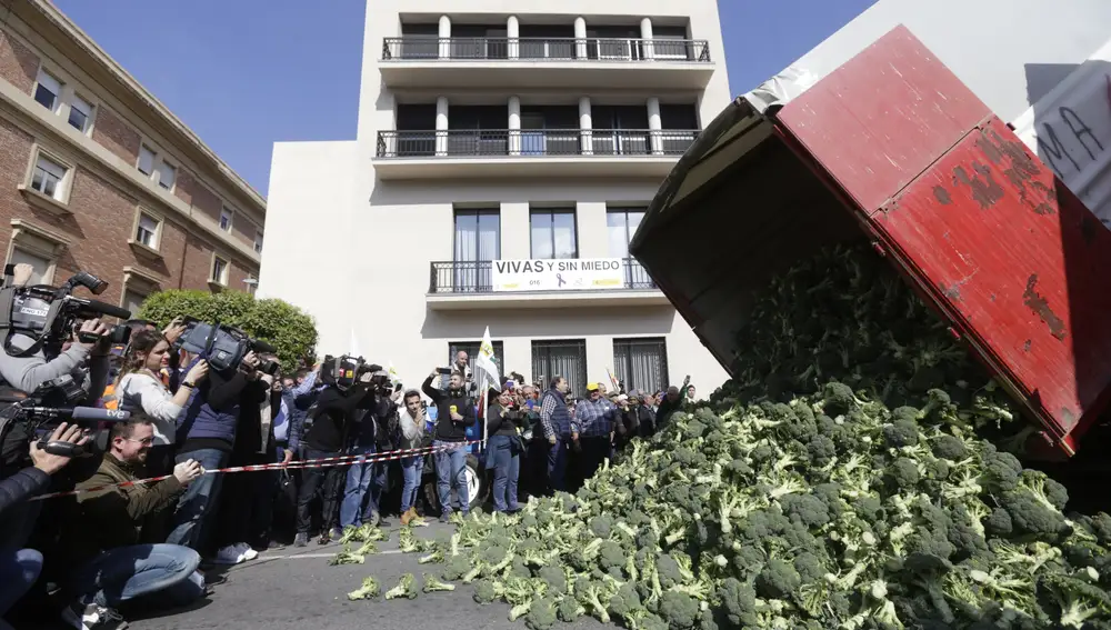 Un camión volcó brócoli frente a la Delegación del Gobierno en Murcia, durante la jornada de protesta de agricultores en 2020