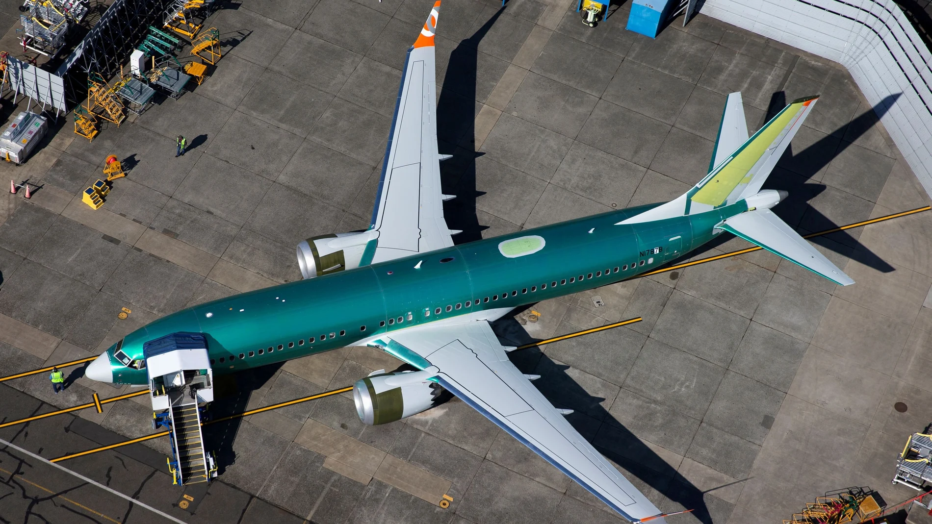 FILE PHOTO: An unpainted Boeing 737 MAX aircraft is seen parked in an aerial photo at Renton Municipal Airport near the Boeing Renton facility in Renton