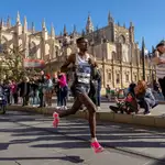 El atleta etíope Mekuant Ayenew corre ante la Catedral de Sevilla, durante la 36ª edición del Zurich Maratón de Sevilla. EFE/Julio Muñoz