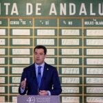 El presidente andaluz, Juanma Moreno, ante la histórica pizarra con los resultados del referéndum de 1982 en el Museo de la Autonomía de Andalucía en Coría Del Río (Sevilla)