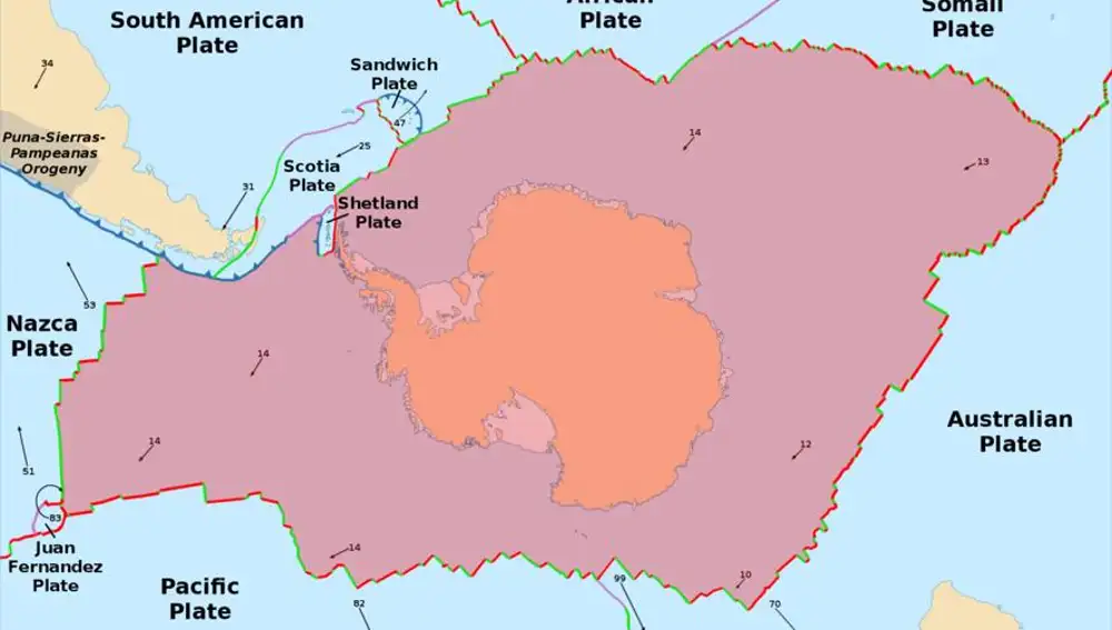 Mapa de las placas continentales del polo sur