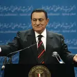 FILE - In this Nov. 1, 2008 file photo, Egyptian President Hosni Mubarak delivers a speech at the first day of the 5th annual convention of the ruling National Democratic Party in Cairo, Egypt. Egypt&#39;s state TV said Tuesday, Feb. 25, 2020, that the country&#39;s former President Hosni Mubarak, ousted in the 2011 Arab Spring uprising, has died at 91. Mubarak, who was in power for almost three decades, was forced to resign on Feb. 11, 2011, after following 18 days of protests around the country. The Arab Spring uprisings had convulsed autocratic regimes across the Middle East. (AP Photo/Nasser Nasser, File)