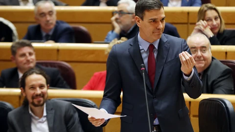 Pedro Sánchez y pablo Iglesias durante la sesión de control al gobierno en el Senado.