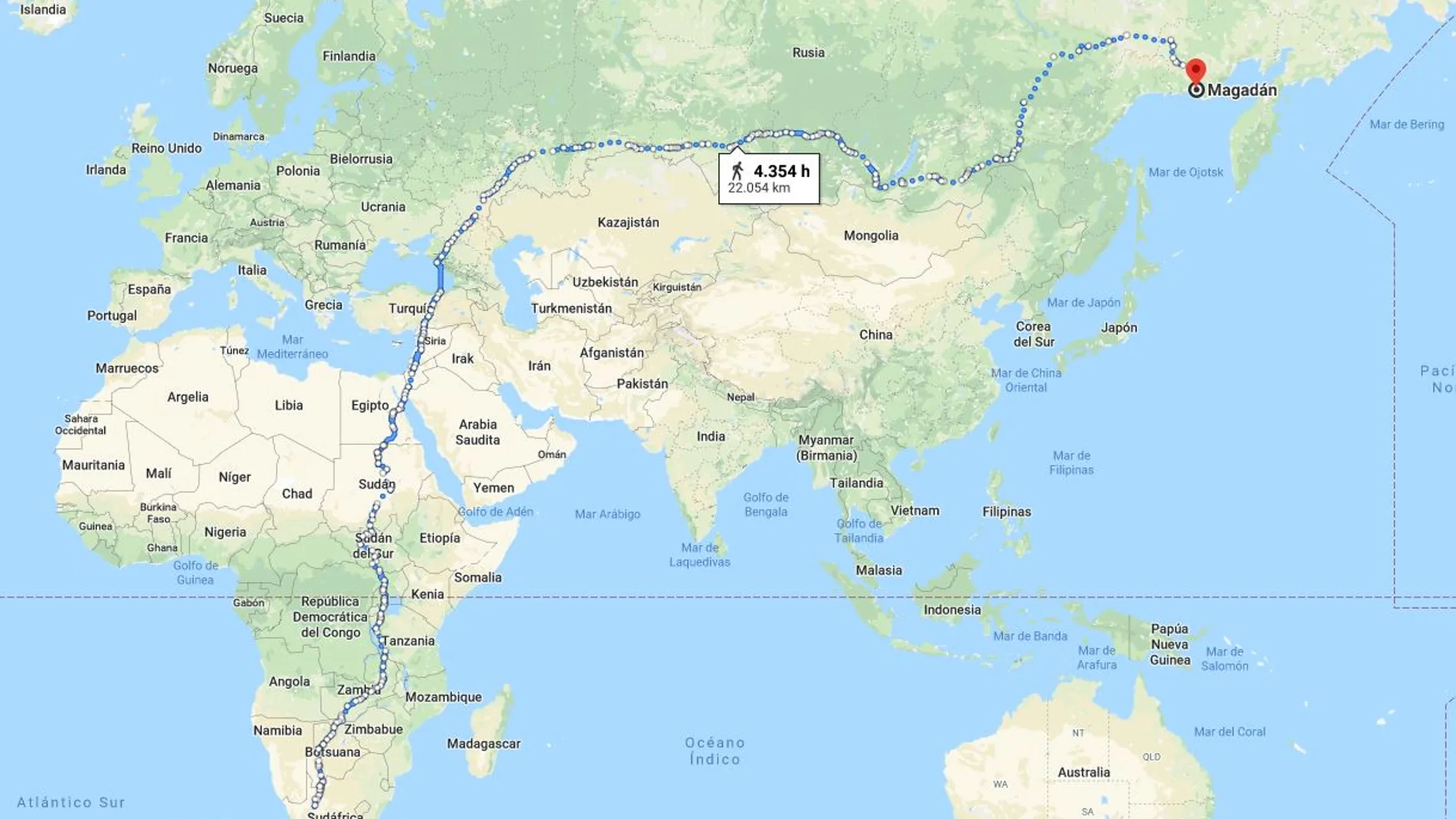 Desde Ciudad del Cabo a Magadán hay 23.000 kilómetros de distancia / Google Maps