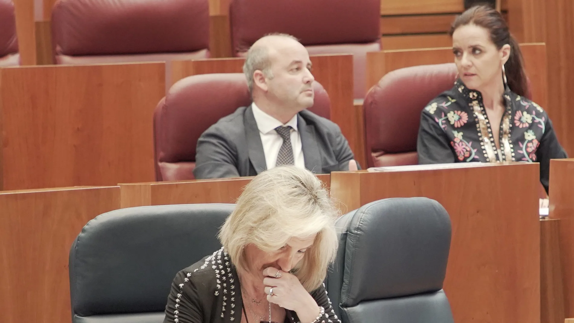 El procurador de Cs, David Castaño, encargado de defender la PNL, conversa con la portavoz del Grupo en las Cortes, Ana Carlota Amigo