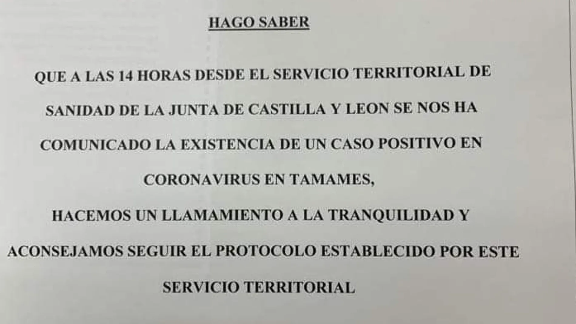bando municipal lanzado por el alcalde de Tamames, Alfonso valle, en Facebook confirmando un caso de coronavirus