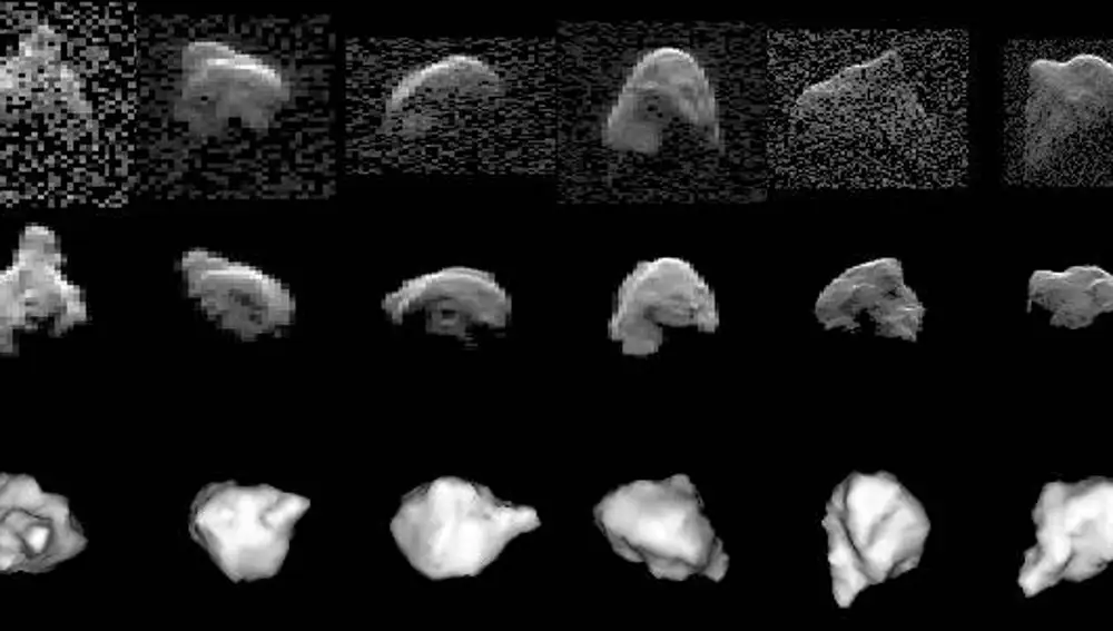 En la fila de arriba, imágenes obtenidas por radar del asteroide 1999 JM8. Abajo, el modelo tridimensional del asteroide calculado por ordenador a partir de eses imágenes. En la fila central, aspecto que tendrían las imágenes obtenidas por radar a partir del modelo del ordenador.