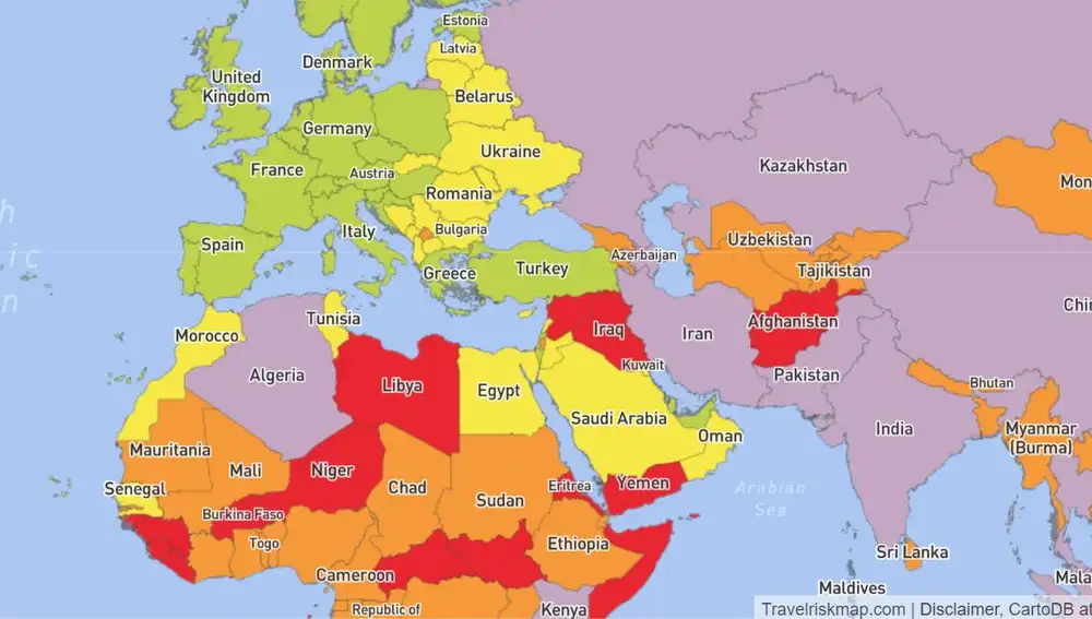 Los países verdes son los más fiables en cuestiones sanitarias. Le siguen los amarillos, luego los morado y por último los de color rojo.