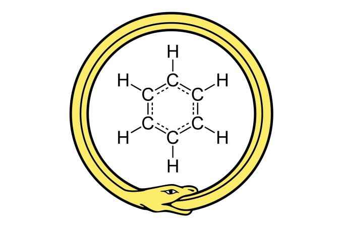 La molécula de benceno es un anillo de seis átomos de carbono, de cada uno de los cuales cuelga un hidrógeno. El químico August Kekulé, que desentrañó esta estructura, afirmó que la idea surgió de un sueño en el que vio serpientes que se mordían la cola.