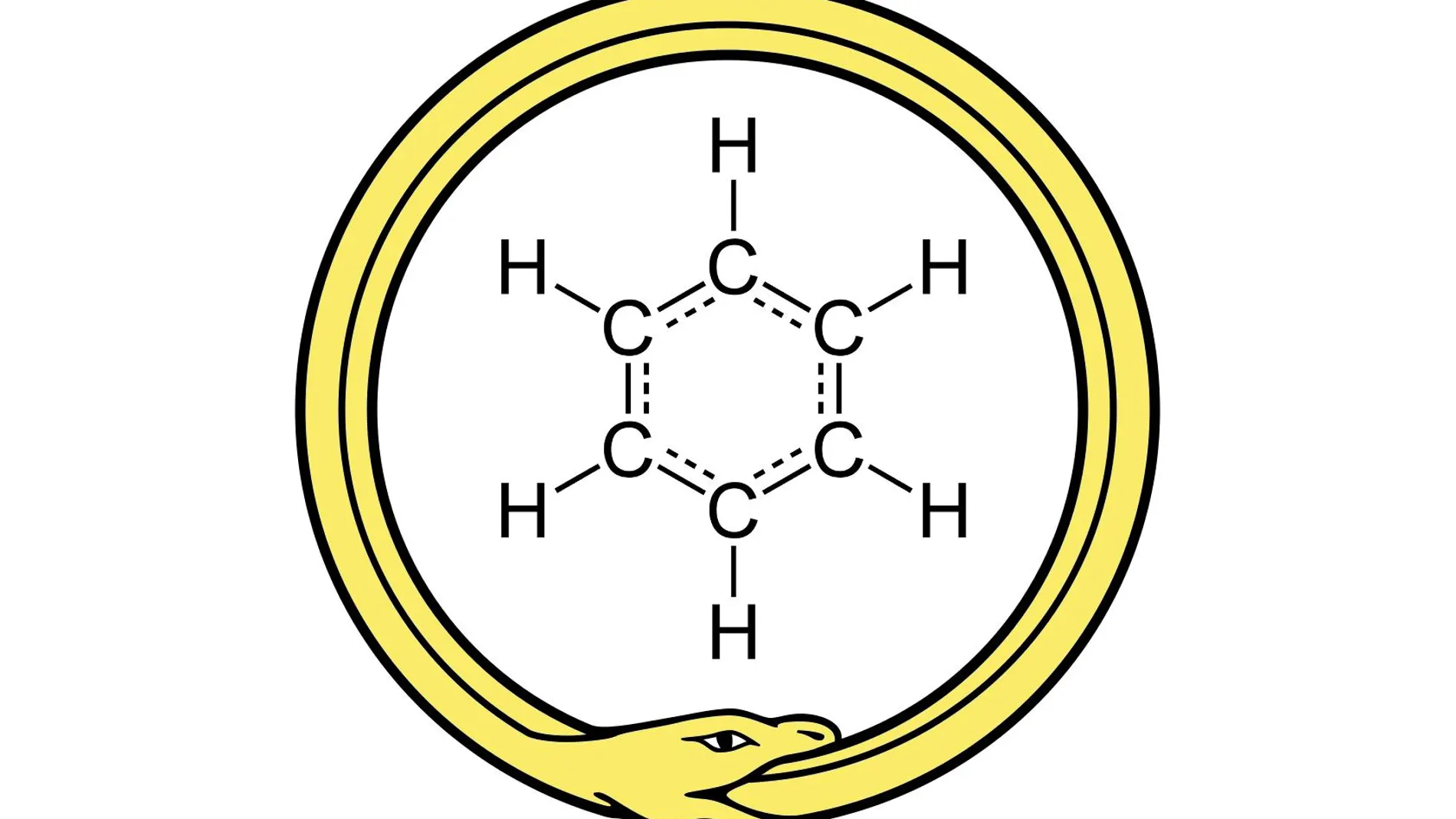 La estructura química del anillo de benceno rodeada de una serpiente que se muerde la cola.