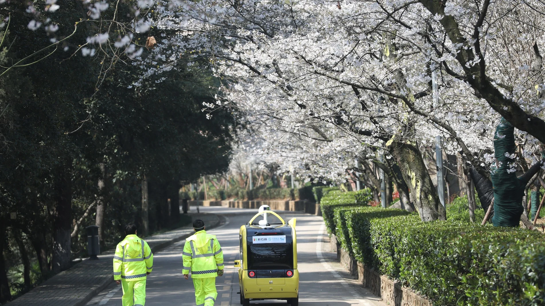 Security personnel walk next to a 5G enabled autonomous vehicle, installed with a camera filming blooming cherry blossoms for an online live-streaming session, inside the closed Wuhan University