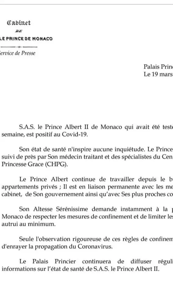 El Principado de Mónaco comunica que Alberto I ha dado positivo en Coronavirus