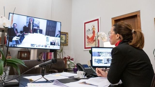 La alcaldesa de Cartagena, Ana Belén Castejón, en la reunión telemática con el presidente de la Comunidad, Fernando López Miras, y el resto de alcaldes de la Región de Murcia
