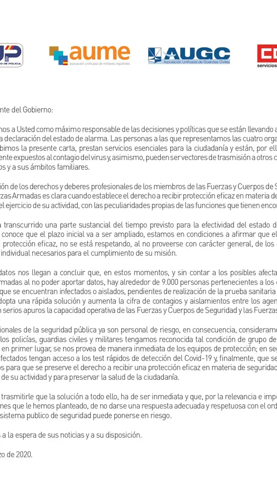 Carta del SUP, AUGC, AUME y CC OO al presidente del Gobierno, Pedro Sánchez
