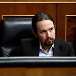 El vicepresidente de Derechos Sociales del Gobierno y líder de Podemos, Pablo Iglesias, durante un pleno del Congreso