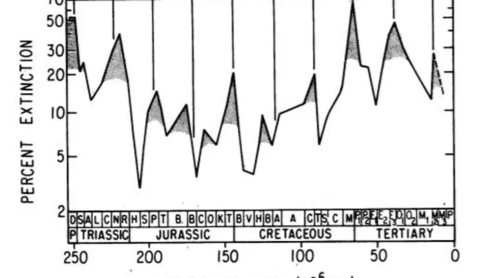 Esquema mostrando los periodos de tiempo entre extinciones masivas según David Raup y Jack Sepolski.