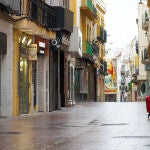 Una joven con un carrito de compras andando en solitario por la calle Sierpes de Sevilla
