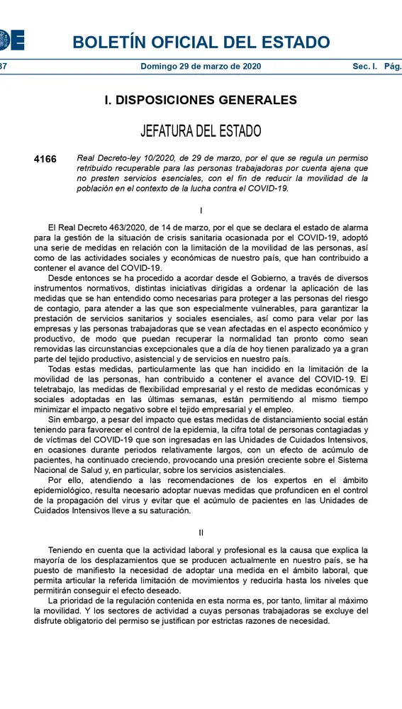 Real Decreto-ley 10/2020, de 29 de marzo, por el que se regula un permiso retribuido recuperable para las personas trabajadoras por cuenta ajena que no presten servicios esenciales