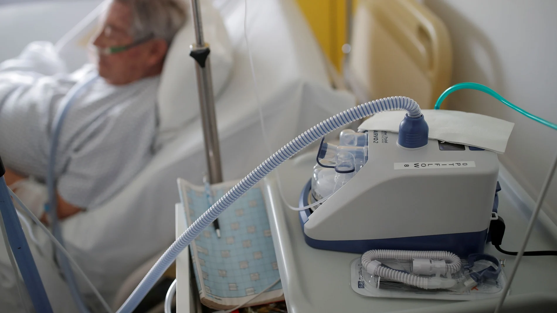 A respiratory humidifier is pictured as a patient suffering from coronavirus disease is treated in a pulmonology unit at the hospital in Vannes