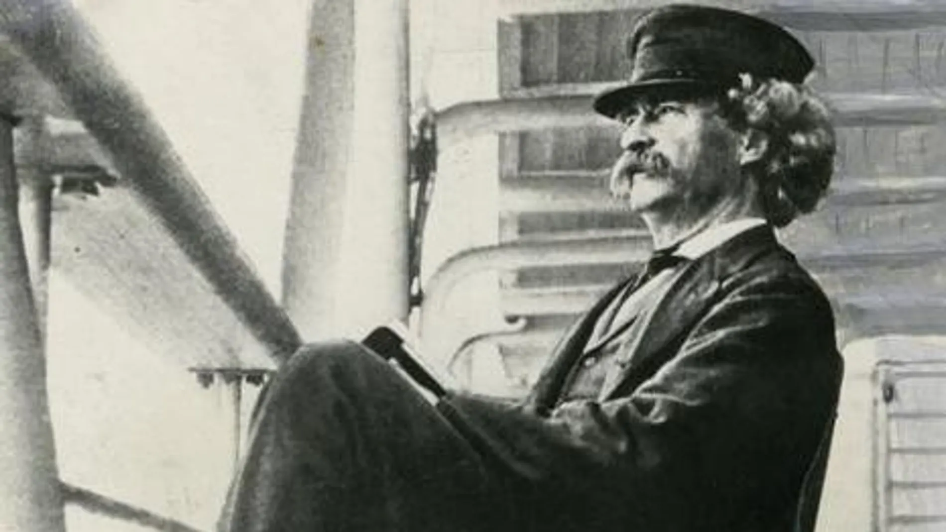 El escritor Mark Twain a bordo de un barco en 1897, treinta años después de su aventura en el Acrópolis