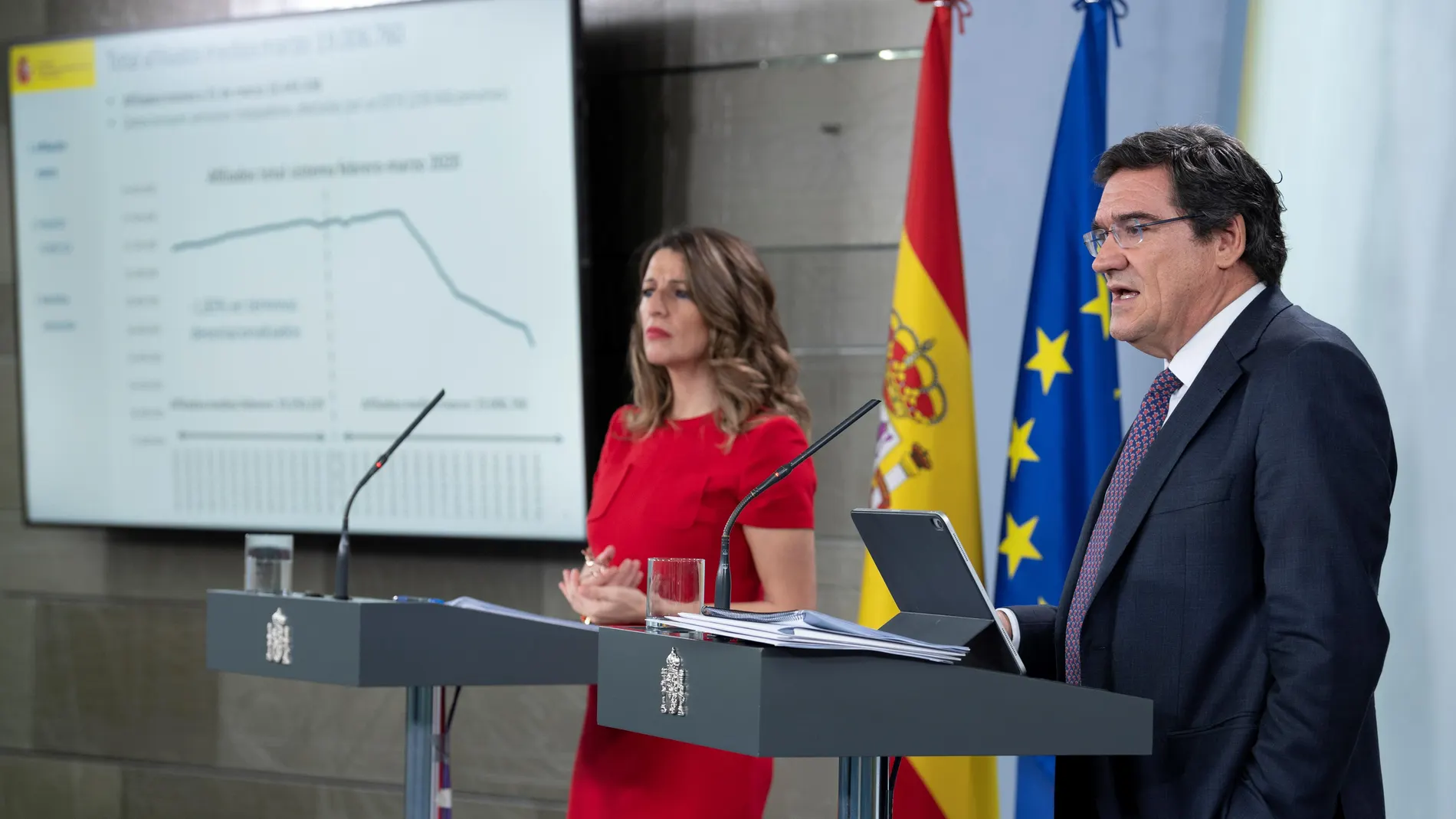 La ministra de Trabajo, Yolanda Díaz, y el ministro de Seguridad Social, José Luis Escrivá
