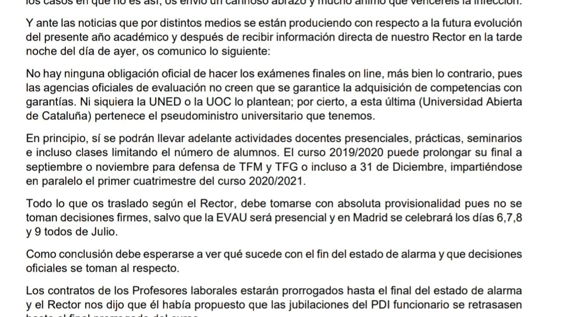 La carta de Luis Ramón Núñez Rivas a los alumnos