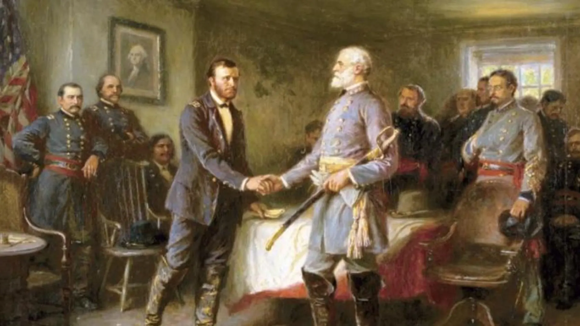 El general Lee y el General Grant en el armisticio de la Guerra Civil Americana