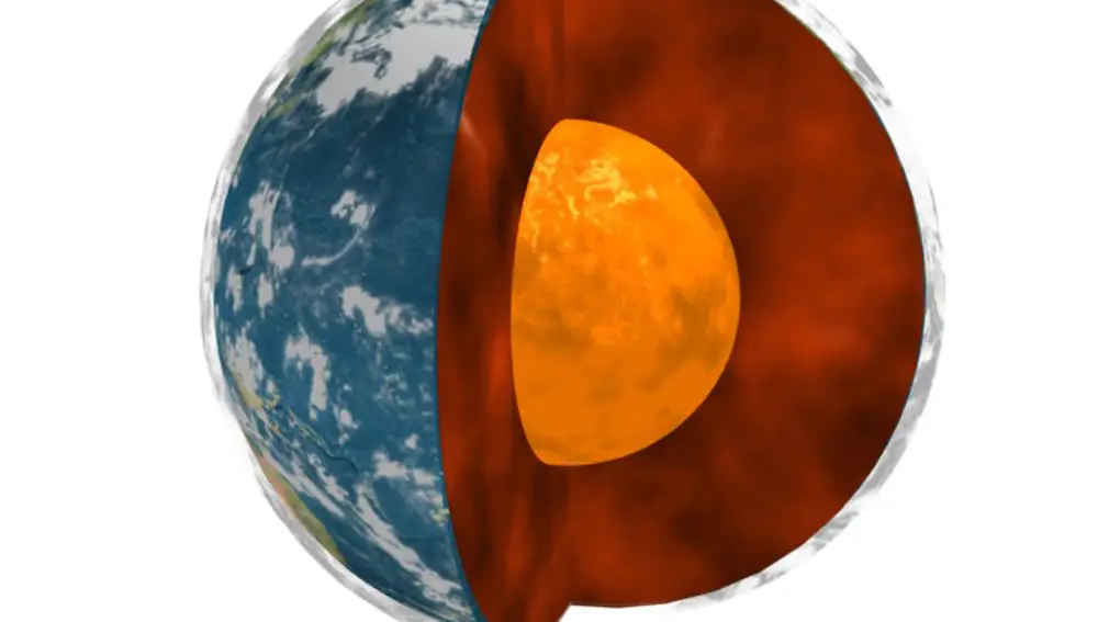 Diagrama de la estructura interna de la Tierra. En esta imagen sólo aparece el un núcleo metálico (sin distinciones entre la capa interna sólida y la externa líquida) y el manto rocoso.