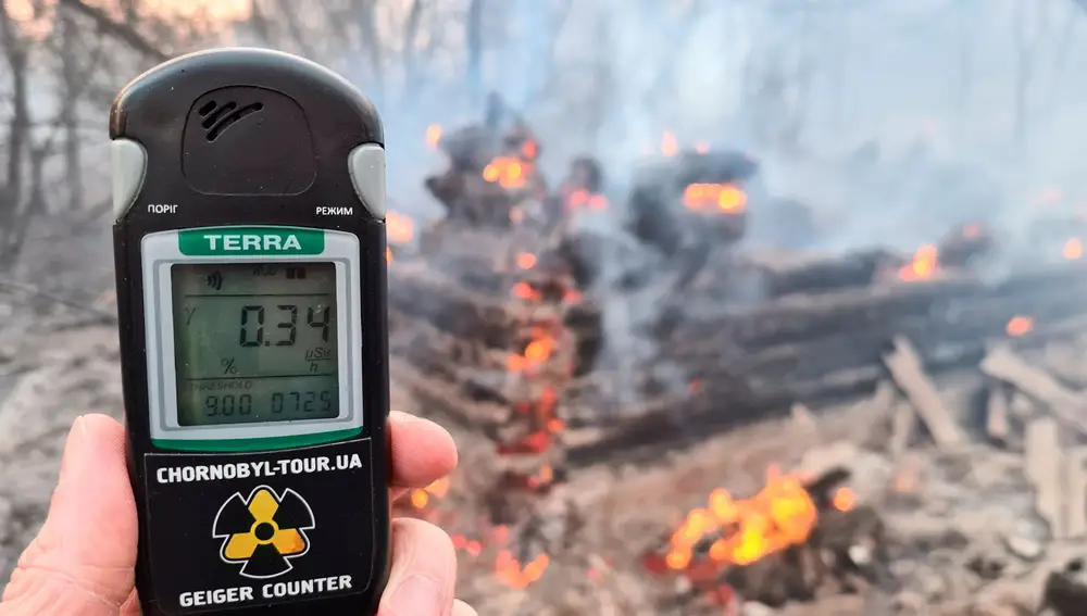 A geiger counter measures a radiation level at a site of fire burning in the exclusion zone around the Chernobyl nuclear power plant, outside the village of Rahivka, Ukraine April 5, 2020. Picture taken April 5, 2020. REUTERS/Yaroslav Yemelianenko