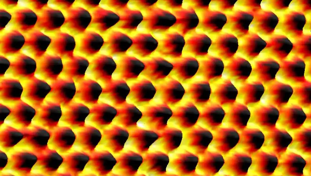 El “mar de electrones” de una lámina de grafeno. Un electrón de cada átomo de carbono no se queda junto a su progenitor, sino que pasa a formar parte de una red de anillos interconectados que cubre toda la lámina. Este “panal de abejas” electrónico es el responsable de muchas de las propiedades del grafeno.