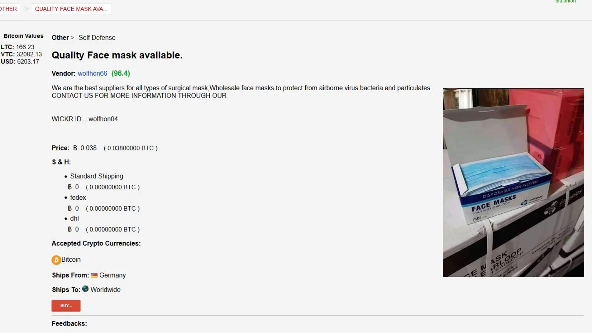 Captura de una venta de mascarillas quirúrgicas en la 'deep web' donde se comercializan a 0,038 bitcoin (257 eruos) las 50 unidades.