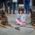 Dos perros policía junto a una niña durante una exhibición antes del estado de alarma