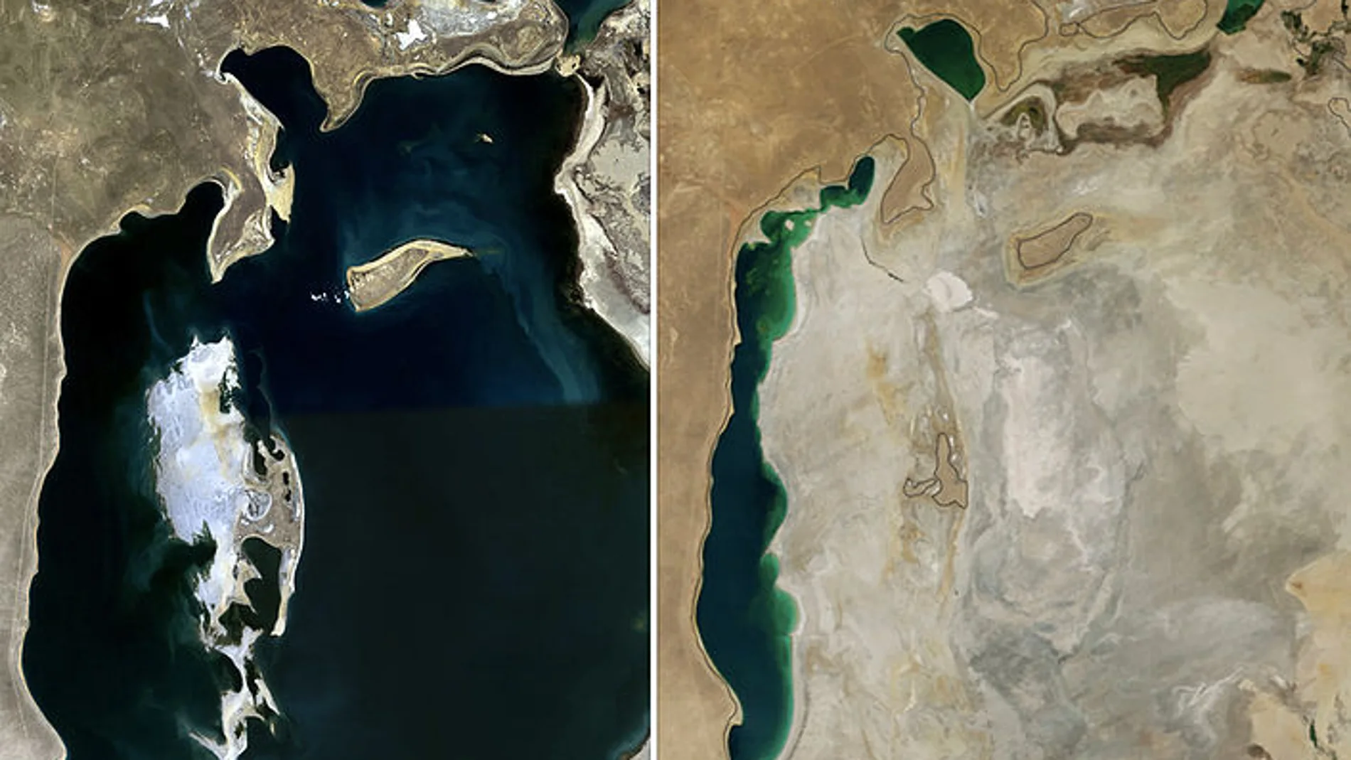 El mar de Aral en a principios del siglo XX (izquierda) y a finales (derecha)