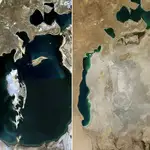 El mar de Aral en a principios del siglo XX (izquierda) y a finales (derecha)