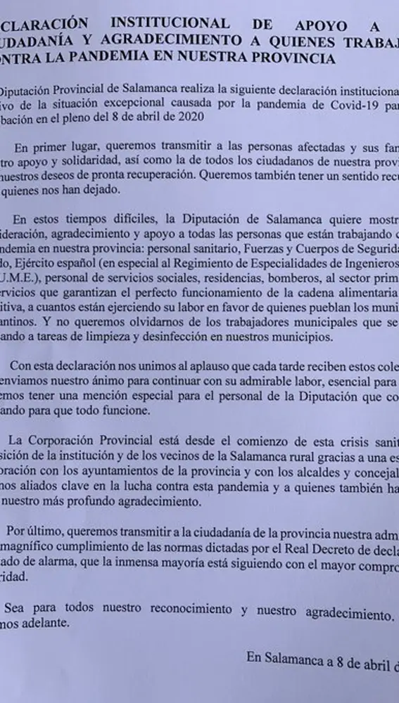 Declaración institucional de la Diputación de Salamanca