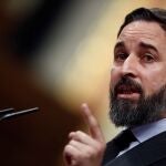 MADRID, 09/04/2020.- El líder de Vox, Santiago Abascal, durante su intervención en el pleno del Congreso celebrado este jueves para aprobar una nueva prórroga del estado de alarma, en un debate en el que también se abordará la nueva fase que se abrirá en las próximas semanas con el levantamiento progresivo de las restricciones a la movilidad por el coronavirus. EFE/Mariscal POOL