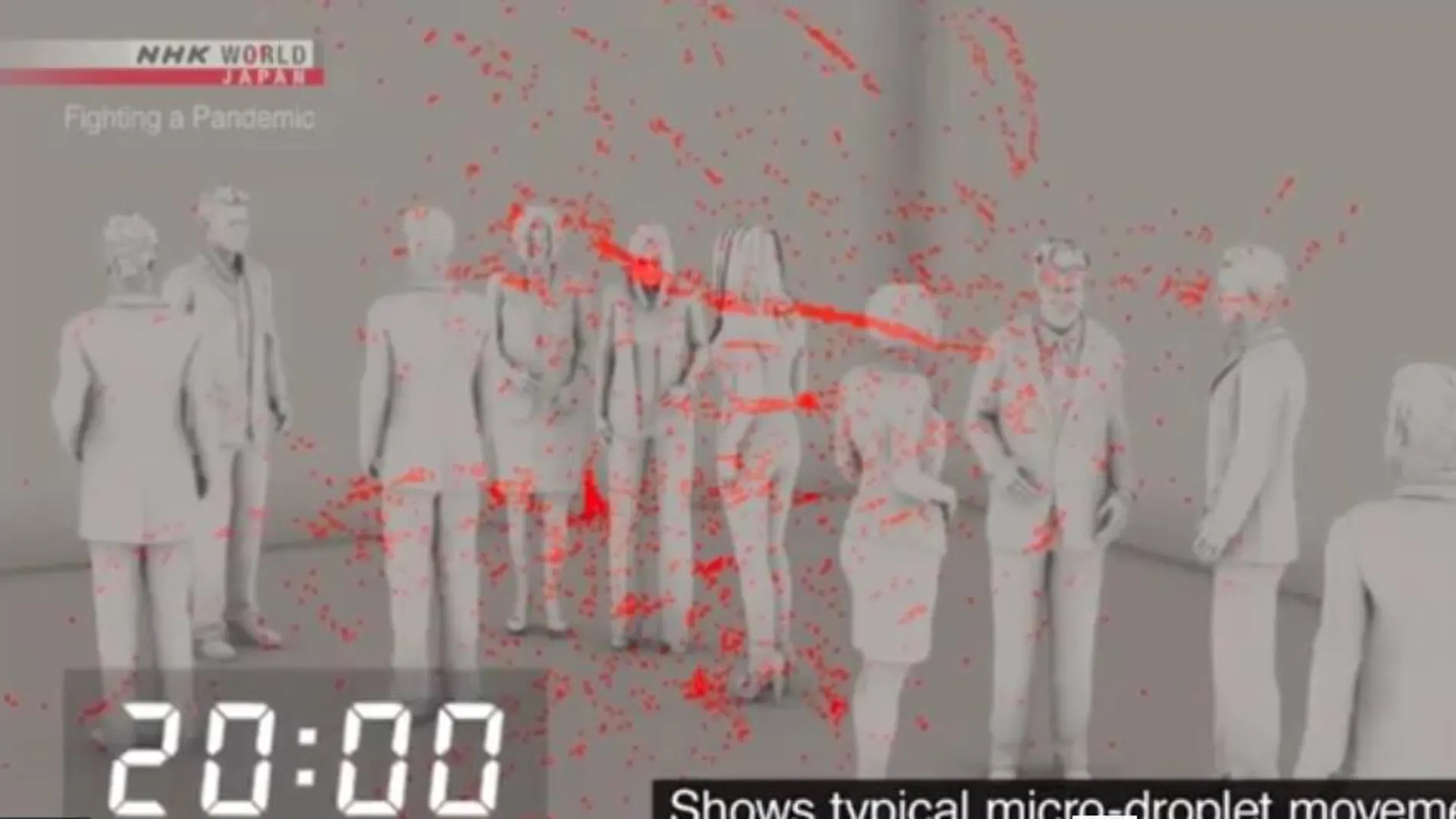 Fotograma de la recreación, en la que muestra el comportamiento del coronavirus en el aire 20 minutos después de una tos