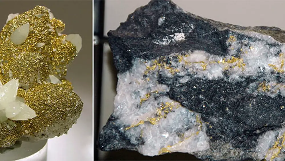 Una de estas muestras minerales contiene oro metálico y la otra pirita dorada.