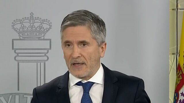 GRAF155. MADRID, 13/04/2020.- Captura de la señal institucional del Palacio de la Moncloa de la rueda de prensa ofrecida por el ministro del Interior, Fernando Grande-Marlaska, para informar de la pandemia del coronavirus este lunes, trigésima jornada del estado de alarma. EFE/Moncloa