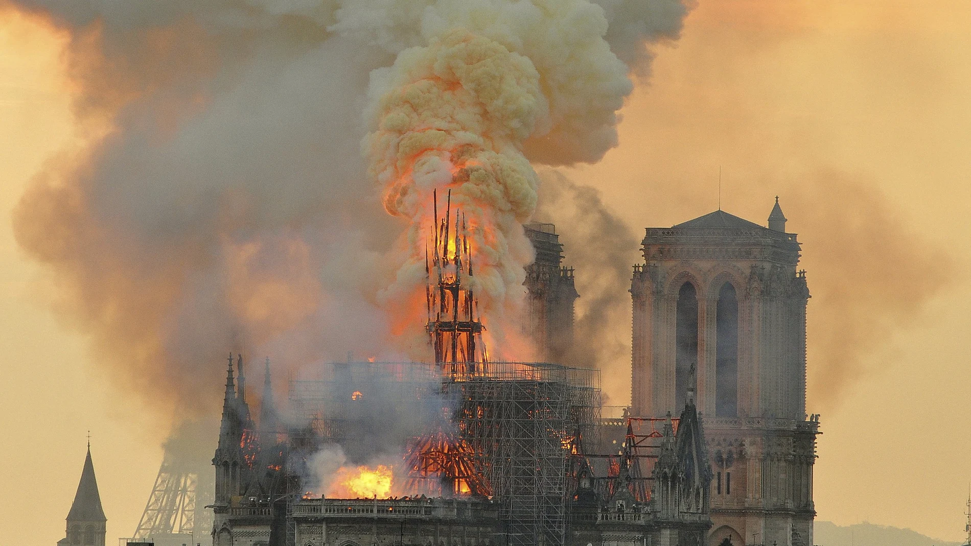 Notre Dame on fire in Paris, Monday, April 15, 2019