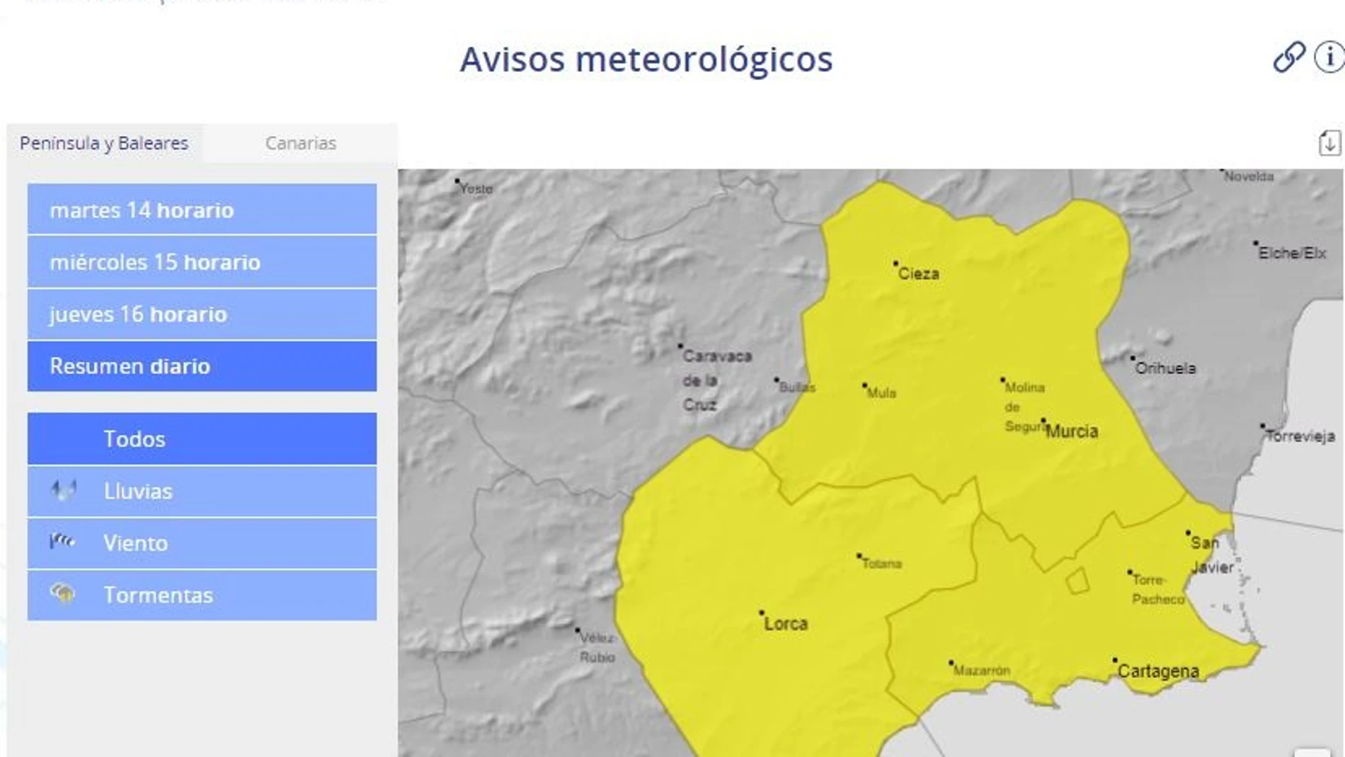 La Aemet activa el aviso amarillo por lluvias en la mayor parte de la Región a partir de la próxima madrugada