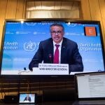 El director general de la Organización Mundial de la Salud (OMS), Tedros Adhanom Ghebreyesus, mientras habla durante una rueda de prensa virtual desde Ginebra.