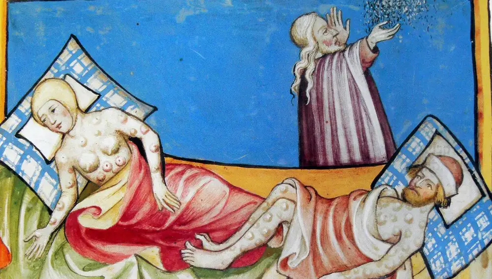 Representación del siglo XVI d un galeno intentando curar a dos enfermos de peste