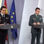 GRAF2822. MADRID, 19/04/2020.- Captura de la señal institucional de Moncloa, de la subdirectora general de Recursos Humanos y Formación de la Policía Nacional, comisaria principal Pilar Allué y el Jefe del Estado Mayor de la Guardia Civil, general José Manuel Santiago, este domingo durante la rueda de prensa ofrecida tras la reunión del gabinete técnico de seguimiento de la crisis del coronavirus. EFE/MONCLOA