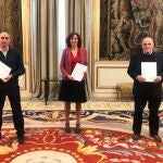 El presidente de la RFEF, Luis Rubiales, la del CSD, Irene Lozano, y el de LaLiga, Javier Tebas, el día que acordaron el retorno del fútbol tras la COVID-19.