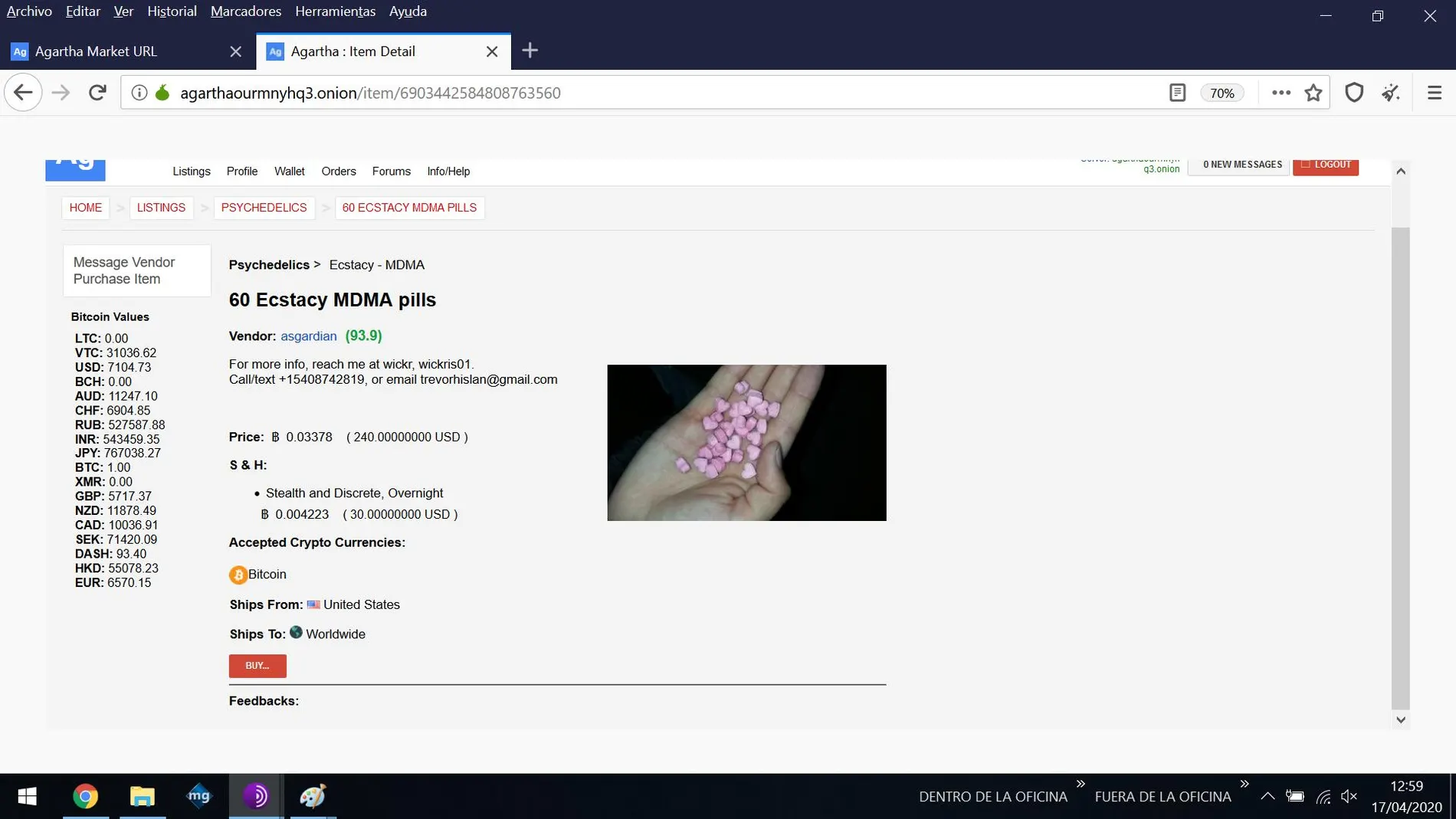 Captura de pantalla de venta de éxtasis en la red