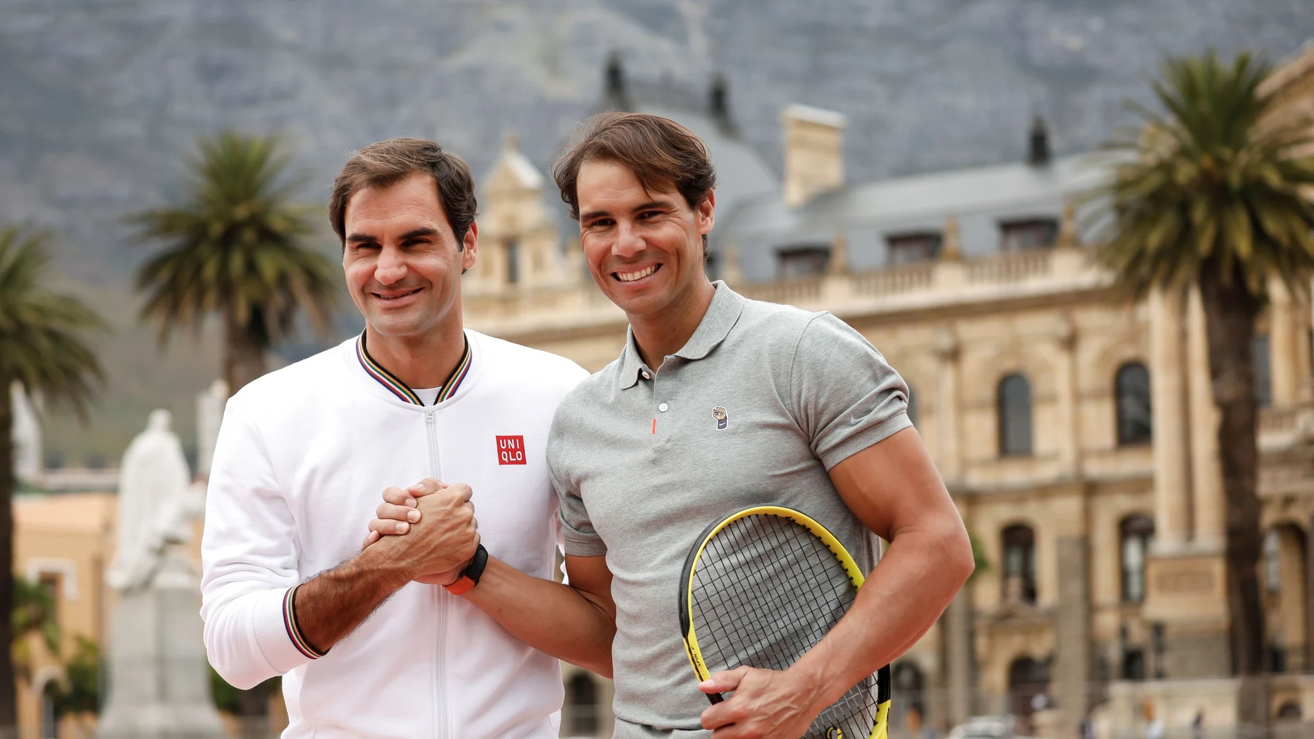 FILE PHOTO: Roger Federer and Rafael Nadal ahead of their "Match in Africa" exhibition tennis match in Cape Town