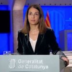 Fotografía facilitada por la Generalitat, de la rueda de prensa ofrecida por la consellera de Presidencia y portavoz del Govern, Meritxell Budó, hoy jueves.