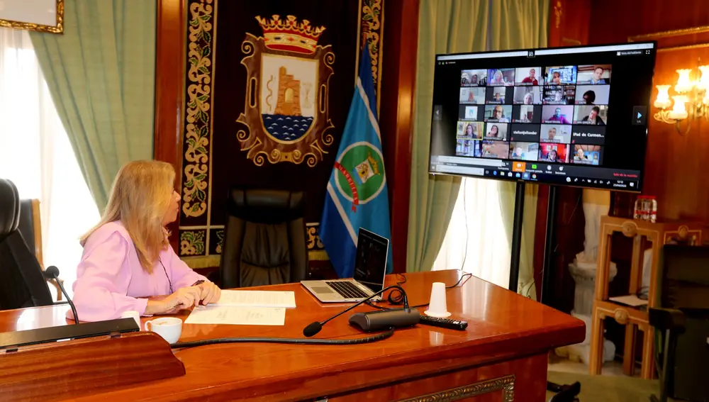 La alcaldesa de Marbella, Ángeles Muñoz, en una reunión telemática