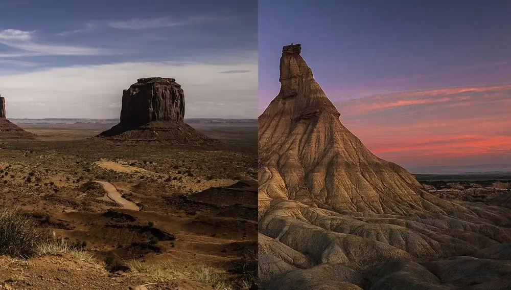 A la derecha, el desierto de Bardenas Reales; a la izquierda, Monument Valley.